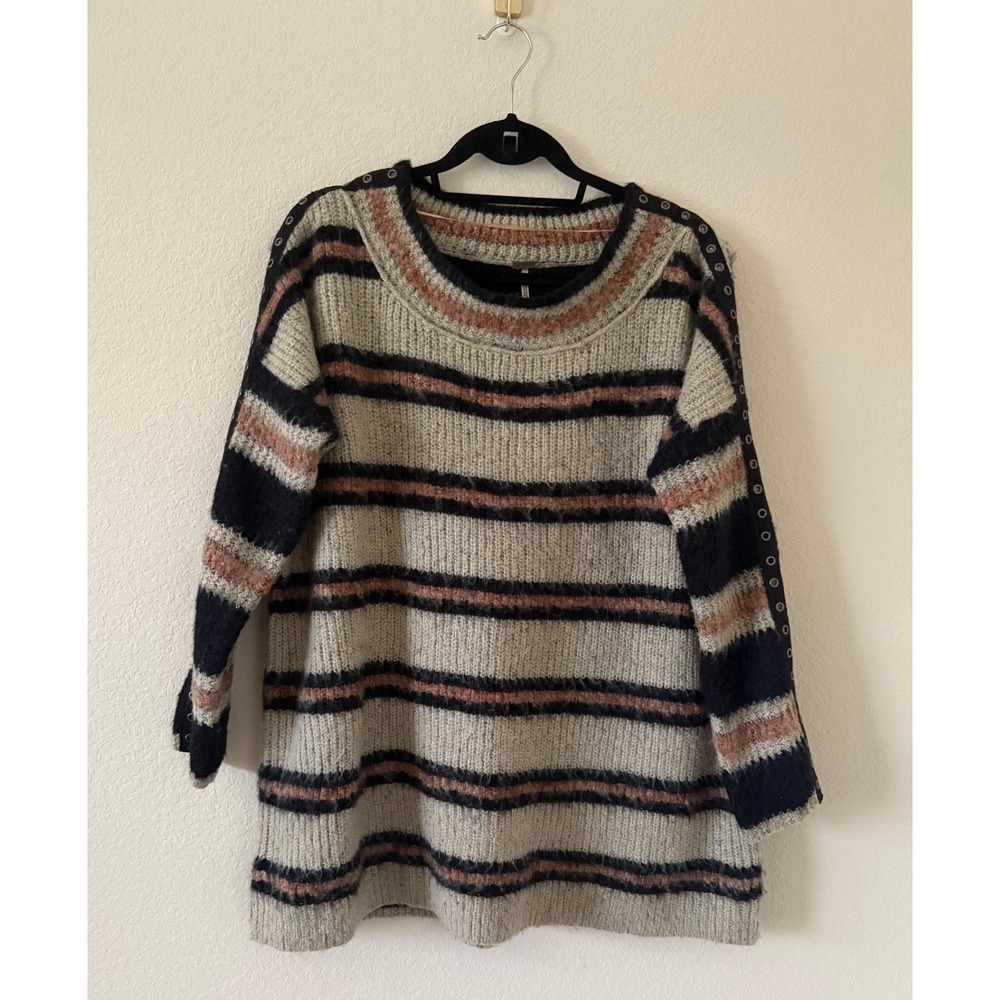 Free People Sid Striped Oversized Tunic‎ Button Detail Sleeve Sweater Cozy Sz XS
